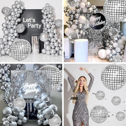 16PCS Disco Ball Balloons, 32in 22in 10in Large 4D Metallic Silver Disco Balloons Foil Balloon for 70s 80s 90s Discos Party Birthday Baby Shower Graduation Party Decorations