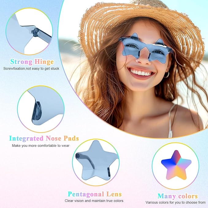 NACHLYNN 36 Pcs Transparent Sunglasses Multicolor Rimless Star Shaped Sunglasses Pentagram Glasses for Costumes Cosplay