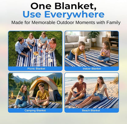 scuddles Blue Extra Large Picnic Blanket 78x59 Inch Waterproof Outdoor Mat Soft 3 Layer Acrylic Sponge PEVA Foldable with Carry Strap Lightweight Compact for Beach Camping Hiking Travel Family Use