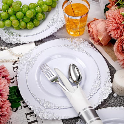 Hioasis 210pcs White and Silver Plastic Plates - Disposable Dinnerware Set Suitable for 30 Guests Include 10.25 Dinner & 7.5 Dessert Plates, Pre Rolled Silverware Set, Cups for Party & Wedding