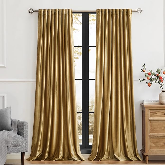 PRIMROSE Golden Velvet Curtains 90 inch Long for Living Room,Set of 2 Panels Blackout Rod Pocket Back Tab Window Treatment Room Darkening Heavy Decorative Curtains Drapes for Bedroom