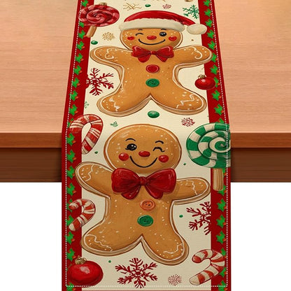 Christmas Gingerbread Table Runner 13x72 in Winter Table Runner Burlap Farmhouse Dining Tables Decoration with Candy Canes Red Green Christmas Design Holiday for Kitchen Dining Party Decor