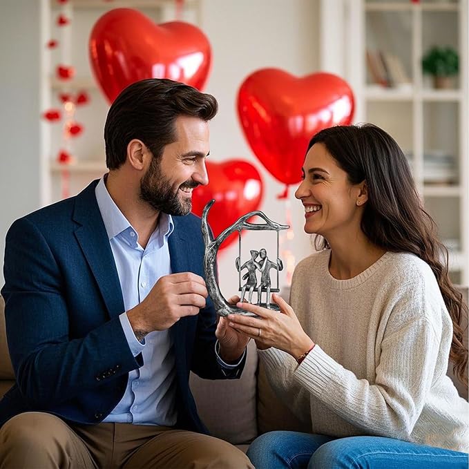 Anniversary Wedding Gifts for Couple/Her - Romantic Couple Statue in Love, Antique Silver Metal Figurine Sweet Loving Together Iron Sculpture Decor, Gifts for Wife Husband Christmas