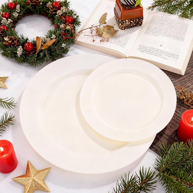 I00000 102 Pcs Ivory Plastic Plates, Disposable Party Plates Include 51 Ivory Dinner Plate 10’’ and 51 Plastic Dessert Plate 7’’ Perfect for Birthday, Party & Wedding