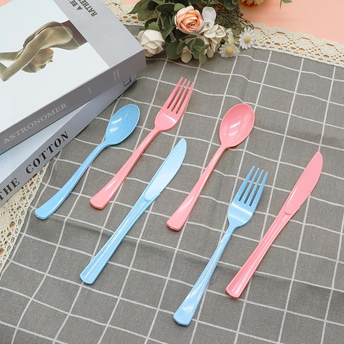 150 Pcs Pink and Blue Silverware Heavy Duty Pink and Blue Plastic Cutlery - 50 Plastic Forks, 50 Knives, 50 Spoons for Birthday, Baby Shower, Gender Reveal