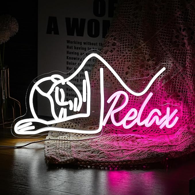 Dimmable Relax Neon Sign Led Woman Relax Neon Light for Wall Decor White Pink Lady Body Neon Wall Light Up Sign for Beauty Salon Massage Shop Ladies Room Decor Gifts for girls (16.7‘’*8.7‘’USB）