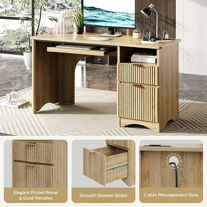 Bestier Computer Desk with Drawer, 55 inch Office Desk with Power Outlet, Modern Home Office Desk with Keyboard Tray (Natual Oak, 55" W with Single-Sided Drawers)