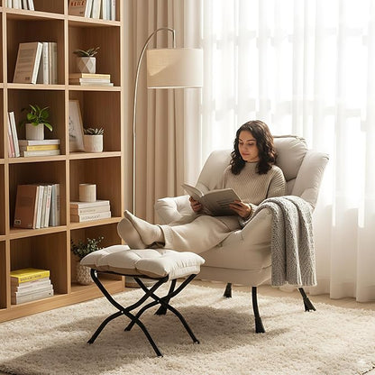 LITA Lazy Chair with Ottoman, Modern Accent Leisure Upholstered Sofa, Contemporary Lounge Reading Chair with Armrests and a Side Pocket for Living Room, Bedroom & Small Space, Beige