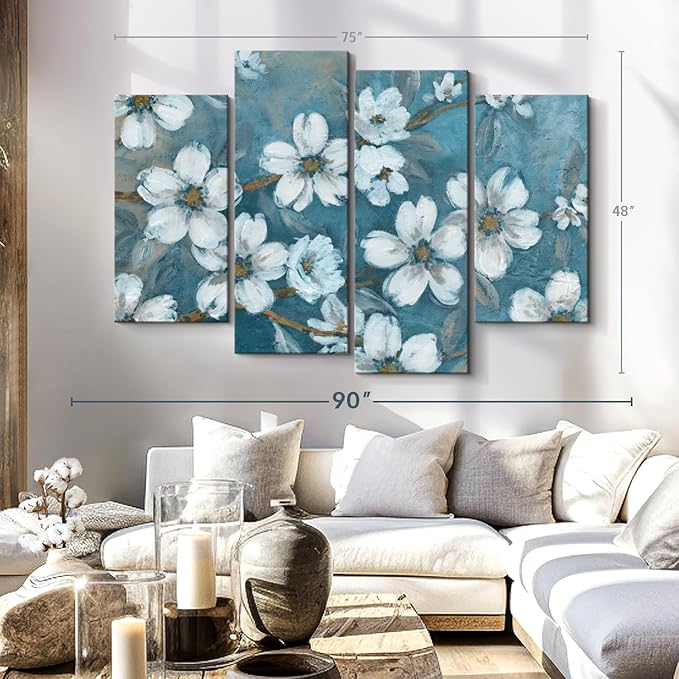 Elephant Stock Blossoms Of Evening Wall Art - Horizontal Canvas - 4-Piece Living Room Wall Decor - Blossom Painting Canvas Print - Blue and Gray Decor for Wall by Carol Robinson - 75" X 48"
