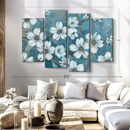 Elephant Stock Blossoms Of Evening Wall Art - Horizontal Canvas - 4-Piece Living Room Wall Decor - Blossom Painting Canvas Print - Blue and Gray Decor for Wall by Carol Robinson - 75" X 48"