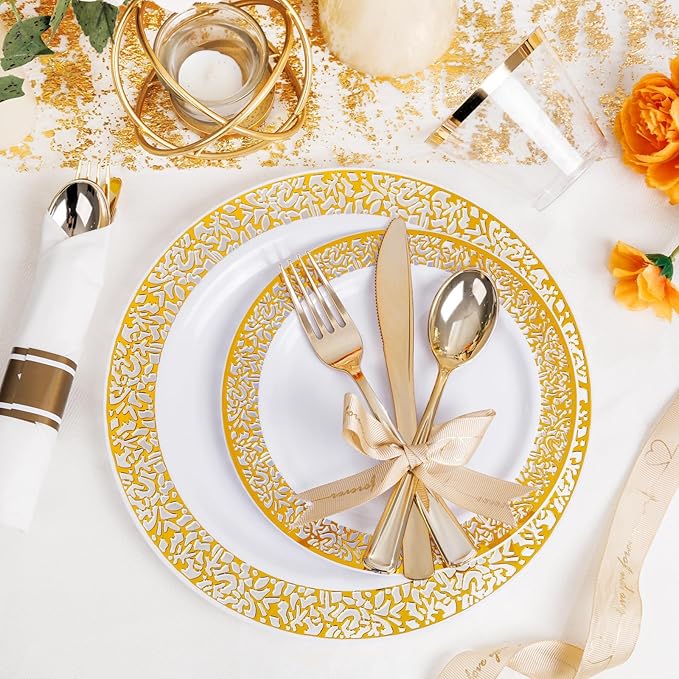 WELLIFE 100 Guests Dinnerware Sets, Gold Plastic Plates，Platos Para Fiestas Elegantes Desechables Include:100 Dinner Plates,100 Dessert Plate,400 Pcs Gold Plastic Silverware, 100 Cups for Party