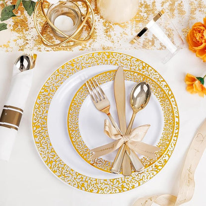 WELLIFE 100 Guests Dinnerware Sets, Gold Plastic Plates，Platos Para Fiestas Elegantes Desechables Include:100 Dinner Plates,100 Dessert Plate,400 Pcs Gold Plastic Silverware, 100 Cups for Party