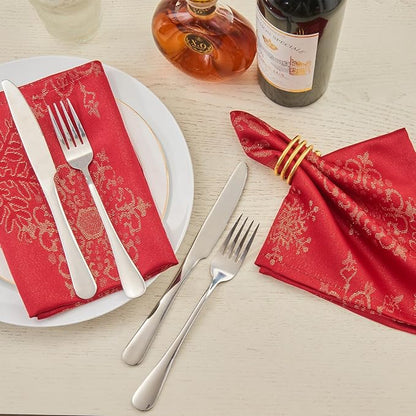 Cloth Napkins Set of 8–Square Jacquard Sparkling Metallic Snowflake Fabric Polyester Washable Reusable Cloth Napkins for Kitchen Dinner Dining Restaurant Wedding Table(Red Gold/17x17 Inch)