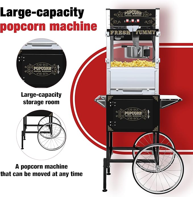 Commercial 20 Oz Popcorn Machine with Cart - 100 Cups, Stainless Steel Kettle, Warming Light - Portable Popper for Home Theater & Parties, Sleek Black