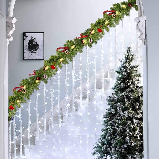 FUNPENY 9 FT Artificial Christmas Garland, Pre-Lit 50 LED Battery Operated Lighted Xmas Garland with 8 Modes for Indoor Holiday Door Home Decorations (Red)