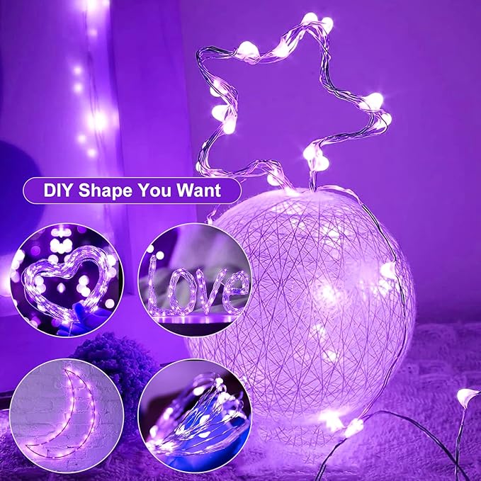 Fairy Lights,Silver Wire String Lights Waterproof,Battery Operated 7FT 20LED Firefly Starry Moon Lights for DIY Christmas Wedding Party Bedroom Decor (Purple, 24 Pack)