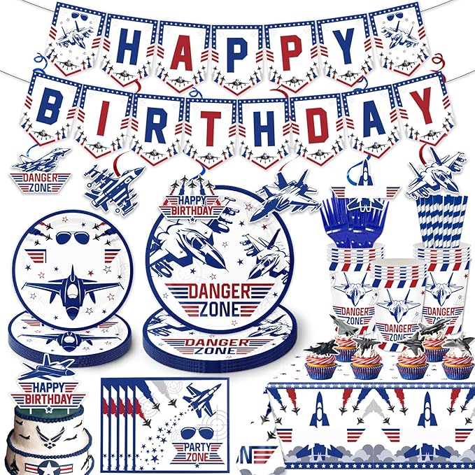 163PCS Air Force Party Fighter Jet Pilot Birthday Party Decorations ,Top Party Supplies Gun Plates and Napkins Military Jet Tableware,Banner, Hanging Swirls, Tablecloth, the Danger Zone Cake Topper