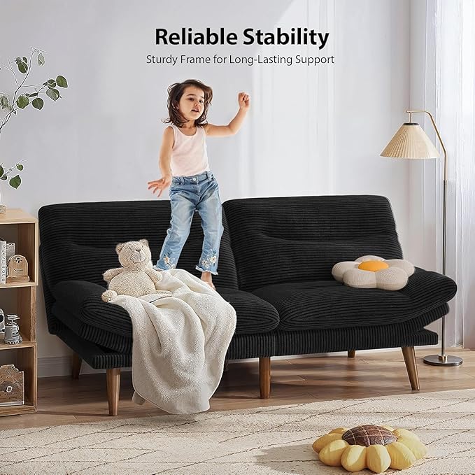 Pipishell Futon Sofa Bed, 66 Inch Corduroy Futon Couch Convertible with Adjustable Backrest and Armrests, Recliner Sleeper Sofa for Small Spaces, Living Room, Office, Guest Room (Black, 66 Inch)