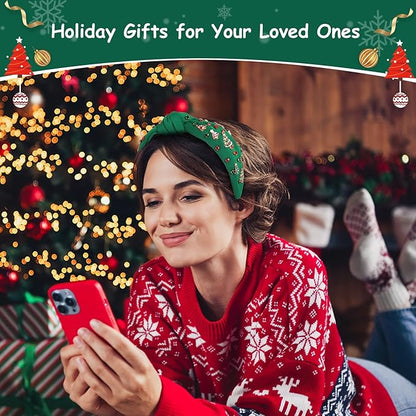 Christmas Headbands for Women, Green Knotted Jeweled Crystal Xmas Headband with Xmas Tree and Rhinestones - Christmas Gifts for Women, Holiday Hair Accessories for Xmas Outfits