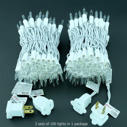 YULETIME 200 Clear Christmas Lights with White Wire, Pack of 2 Strands of 21 ft 100 Count UL Certified Incandescent Mini String Light (Clear - White Wire)