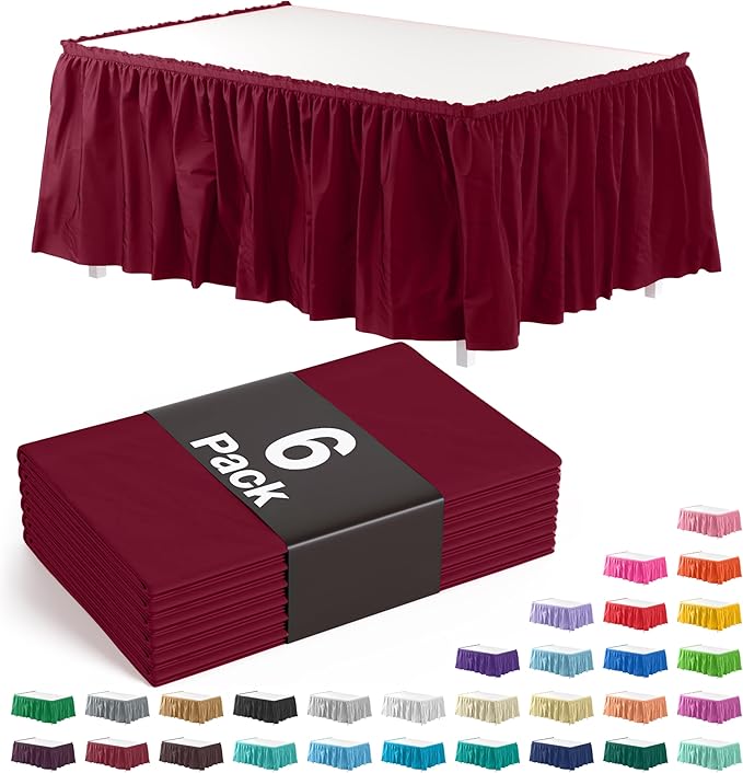 Exquisite Ruffle Table Skirt Burgundy 6 Pack 14 Ft Long Table Skirts for Rectangle Tables 6ft Plus or Round Tables Skirts with Adhesive Strip for Gender Reveal Decor & Happy Birthday Parties