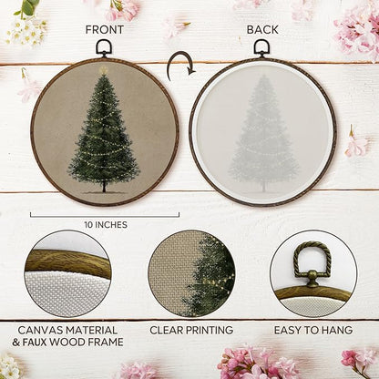 MOTERMATE Vintage Christmas Tree Wall Art Decor Round Framed, Christmas Canvas Wall Art Artwork Prints, Rustic Neutral Winter Xmas Tree Hanging Decor Decorations for Home Living Room, 10x10 Inch