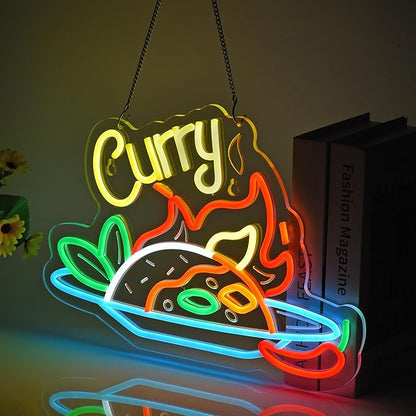 Curry Neon Sign, Neon Lights Hanging Wall Art Decoration for Restaturant Shop Store Bar Market Party Celebration Home Decor, USB Powered Ultra Bright Dimmable,16.14×11.42inches