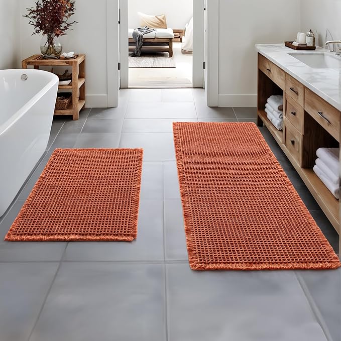 MIULEE Orange Set of 2 Waffle Bathroom Rugs, Boho Bath Rugs Non Slip Washable, Super Absorbent Bath Mats, Ultra Soft Rubber Backed Shower Mats for Bathroom Floor, Tub, 17"x24"+17"x48"