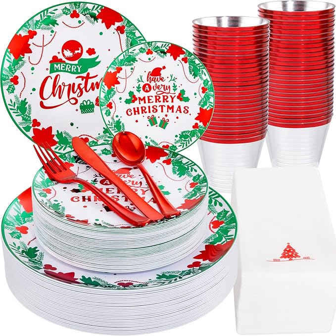 Liacere 175Pcs Christmas Plastic Plates - Green and Red Plastic Plates - include 50 Christmas Plate 25 Cups 75 Plastic cutlery 25 Tree Napkins - Suitable For All Kinds Of Holidays