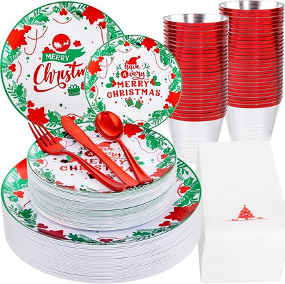 Liacere 175Pcs Christmas Plastic Plates - Green and Red Plastic Plates - include 50 Christmas Plate 25 Cups 75 Plastic cutlery 25 Tree Napkins - Suitable For All Kinds Of Holidays