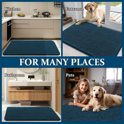 OLANLY Dog Door Mat for Muddy Paws 48x30, Absorbs Moisture and Dirt, Absorbent Non-Slip Washable Doormat, Quick Dry Chenille Mud Mat, Entry Indoor Entryway Carpet for Inside Floor, Atlantic Blue