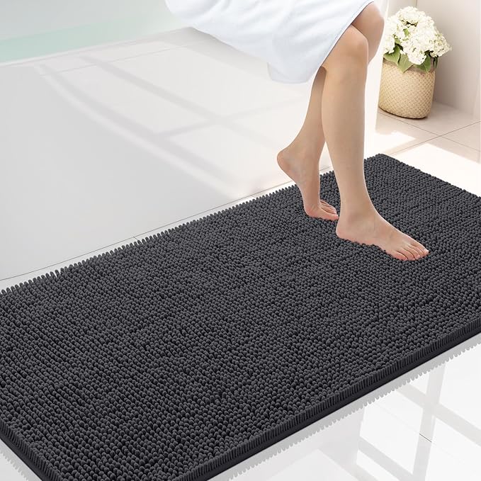 Smiry Luxury Chenille Bathroom Rugs 45x27, Extra Soft and Absorbent Shaggy Bath Mat, Machine Washable, Non-Slip Plush Carpet Runner for Tub, Shower, and Floor, Home Decor Accessories, Charcoal Grey
