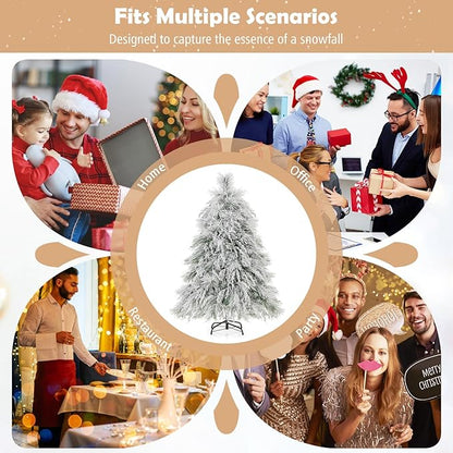 GOFLAME 4.5ft Pre-Lit Christmas Tree Snow Flocked, Hinged Artificial Xmas Tree with 279 Branch Tips, 150 Warm White LED Lights, Willow Leaves, Holiday Decoration Tree for Home Office Party