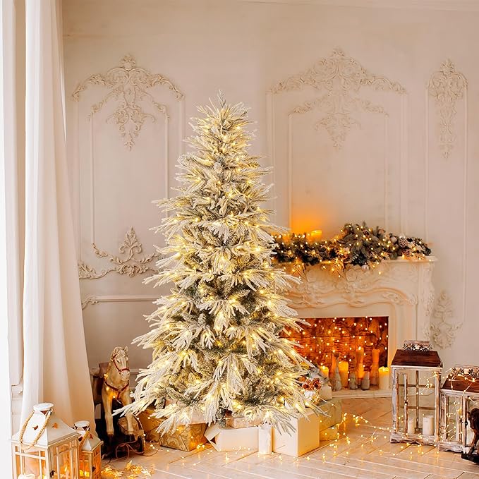 GOFLAME 6FT Pre-lit Artificial Christmas Tree, Snow Flocked Hinged Xmas Tree with 250 Warm White LED Lights, 594 Branch Tips and Folding Metal Stand, Holiday Decoration Tree for Home Party