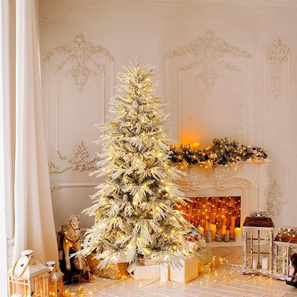 GOFLAME 6FT Pre-lit Artificial Christmas Tree, Snow Flocked Hinged Xmas Tree with 250 Warm White LED Lights, 594 Branch Tips and Folding Metal Stand, Holiday Decoration Tree for Home Party