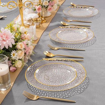 Rubtlamp 60Pcs Clear Gold Plastic Plates, Gold Glitter Disposable Plates, Hammered Plastic Plates Included 30 Dinner Plate And 30 Dessert Plate for Weddings Party Birthday