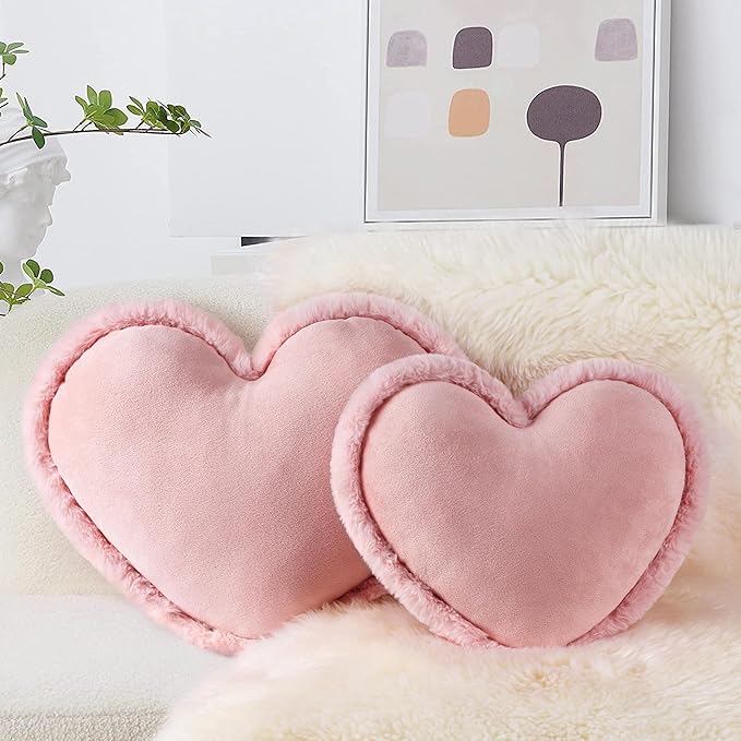AELS Heart Shaped Pillow, Set of 2, Heart Decorative Throw Pillows, Soft Velvet Love Pillows with Faux Fur Fringe, Cute Pillow 20 & 16 Inches, Valentines Day Decorations, Wedding Decor, Pink