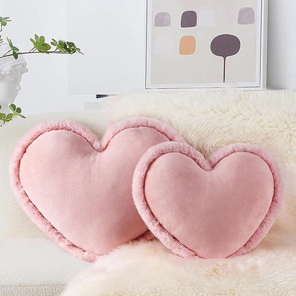AELS Heart Shaped Pillow, Set of 2, Heart Decorative Throw Pillows, Soft Velvet Love Pillows with Faux Fur Fringe, Cute Pillow 20 & 16 Inches, Valentines Day Decorations, Wedding Decor, Pink