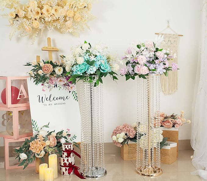 2Pcs 35.43in Tall Metal Wedding Centerpieces with Chandelier Acrylic Crystals Flower Stand, Elegant Wedding Centerpiece Decoration Leads Road Stands for Wedding Party Dinner Event Hotel Home Décor