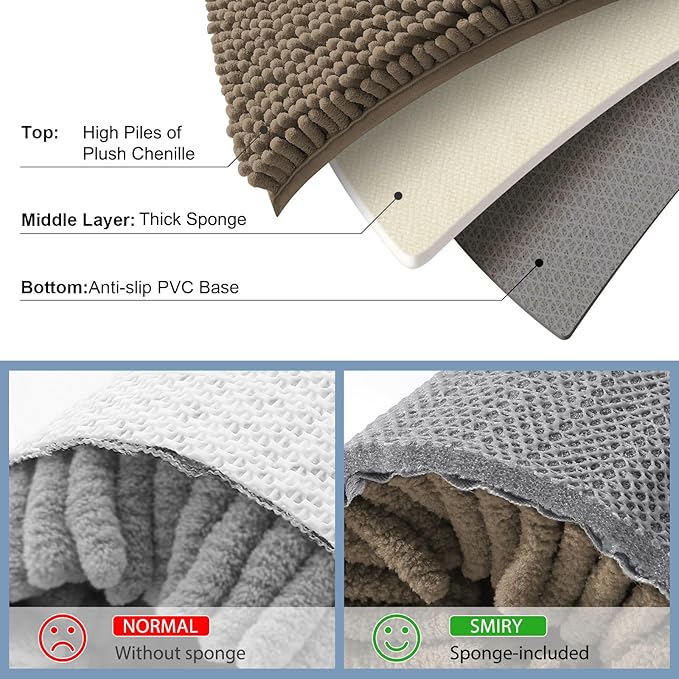 Smiry Luxury Chenille Bathroom Rugs 45x27, Extra Soft and Absorbent Shaggy Bath Mat, Machine Washable, Non-Slip Plush Carpet Runner for Tub, Shower, and Floor, Home Decor Accessories, Camel