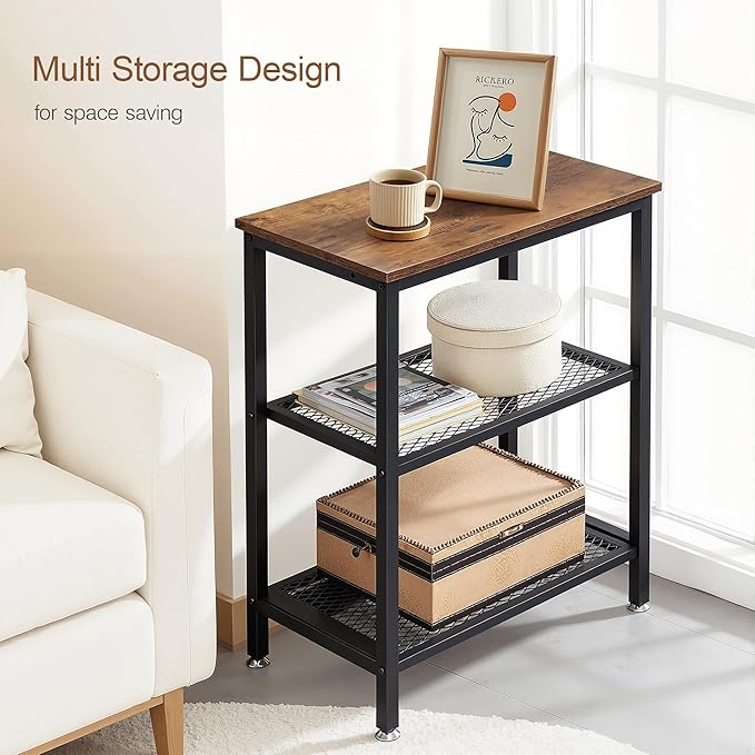 VECELO Tall End Side Tables,30" Height Nightstand with 3-Tier Storage Shelf for Bedroom Living Room, Easy Assembly,Industrial Style, Brown
