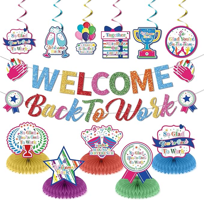 12pcs Welcome Back to Work Decorations Office Colorful So Glad You're Back To Work Banner and Hanging Swirls Table Centerpieces Office Party Supplies for Indoors Outdoors
