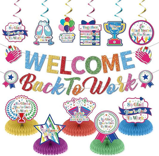 12pcs Welcome Back to Work Decorations Office Colorful So Glad You're Back To Work Banner and Hanging Swirls Table Centerpieces Office Party Supplies for Indoors Outdoors