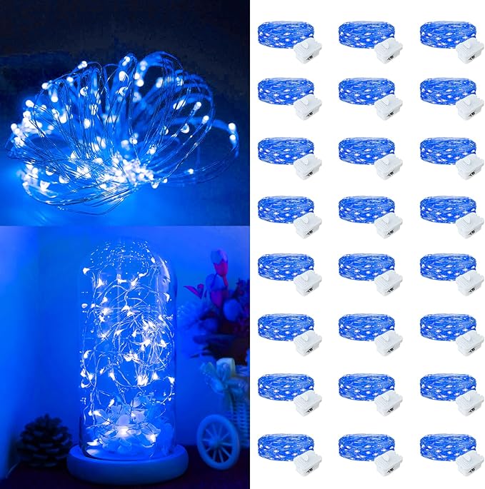 Fairy Lights,Silver Wire String Lights Waterproof,Battery Operated 7FT 20LED Firefly Starry Moon Lights for DIY Christmas Wedding Party Bedroom Decor (Blue, 24 Pack)