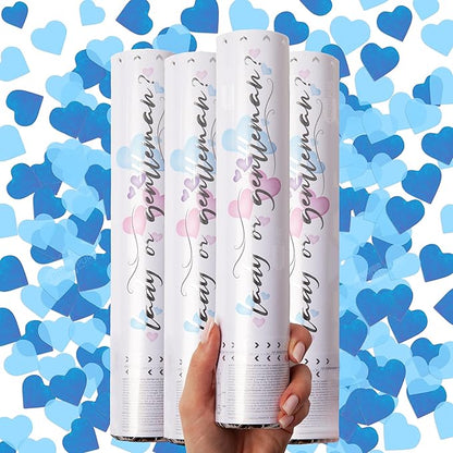 PrimePure Gender Reveal Confetti Cannon - Biodegradable Heart Shaped Confetti Poppers - Blue, 4 Pack - Baby Boy Gender Reveal Party Poppers - Blue Paper Baby Party Supplies Pop Gun