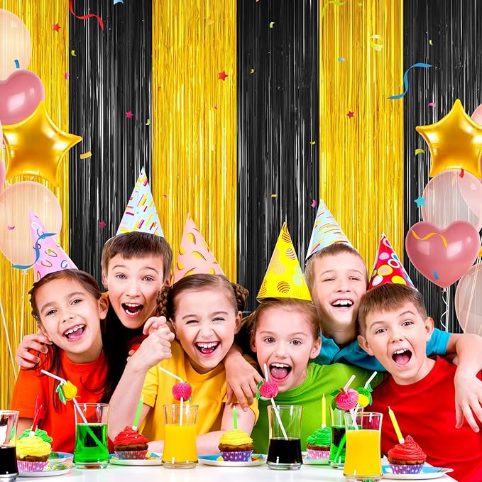Black and Gold Tinsel Backdrop Foil Fringe Curtains - 2 Packs Door Streamers Backdrop for Birthday Door Decorations, Party Supplies for Bachelorette, Graduation, Christmas, Disco Decor