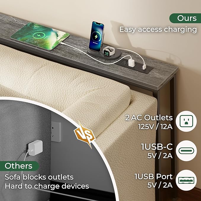 SUPERJARE 110.2 Inch Sofa Table with Power Outlets and USB-C Ports, 5.9 Inch Narrow Console Tables, Entryway Hallway Couch Tables with Storage, Behind Sofa, Small Spaces, Living Room, Charcoal Gray