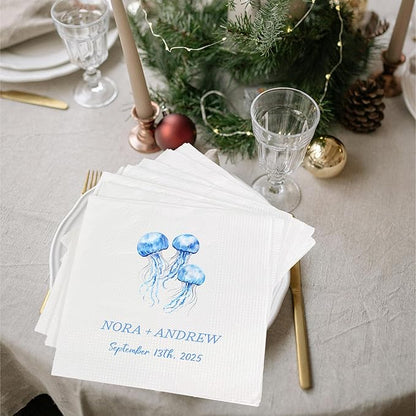 Luxury Custom Cocktail Napkins Wedding, Pack 50 100 150 500 Anniversary Party, Monogram Initials, Rehearsal Dinner Table Decor, Beverage & Luncheon, Saga Green, White Decor Style 5