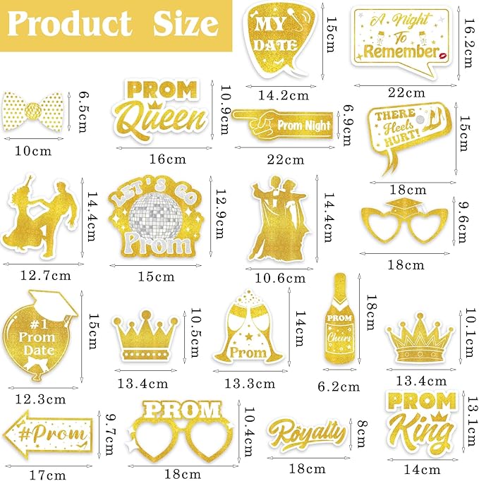 19Pcs White Gold Prom Photo Booth Props, Prom Decorations for Party, Prom Night Themed Party Decorations, Graduation Party Supplies