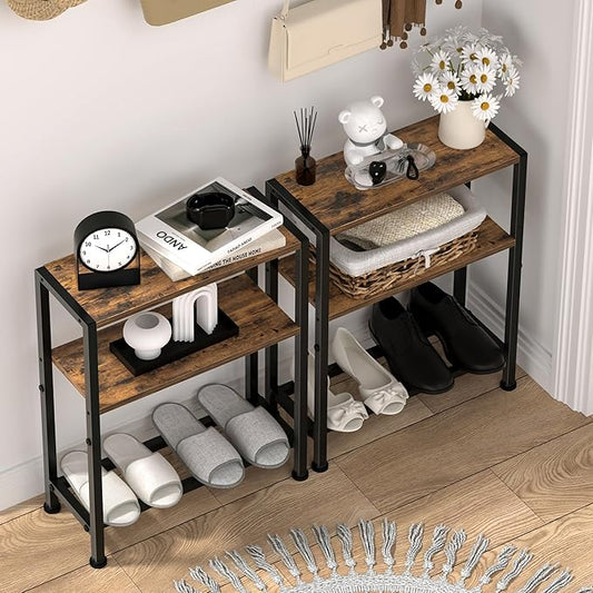 Narrow Side Table Set of 2 for Small Space, 2-Tier Small End Table with Shelf Holder, Slim Nightstand, Skinny Snack Couch Table in Living Room, Bedroom, Study, Kitchen and Balcony (Rustic Brown)